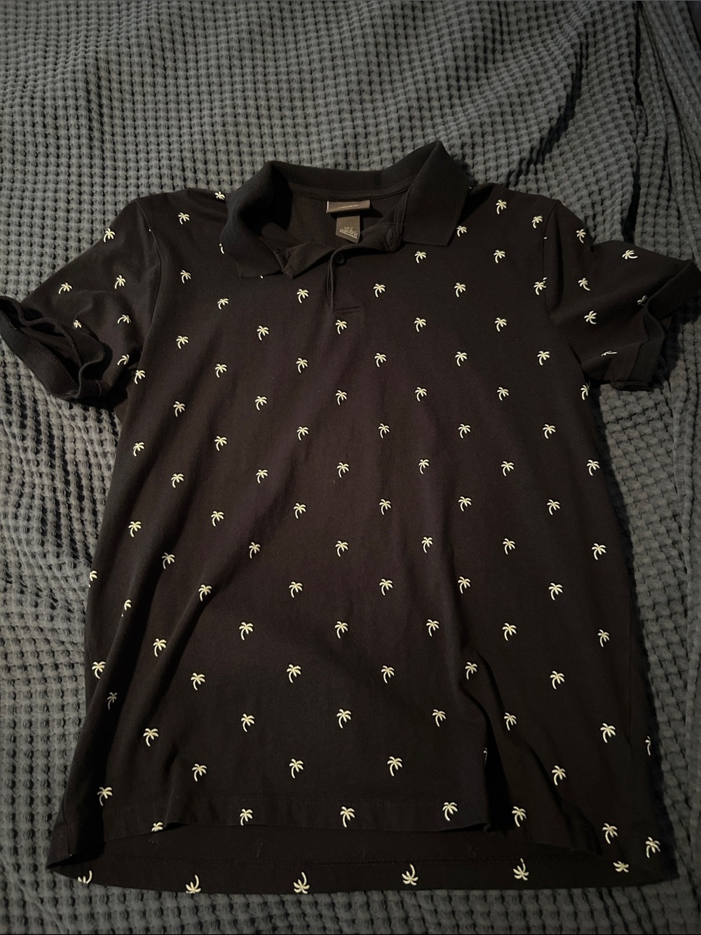 H&M Black Polo with Small White Palm Tree Embroidery